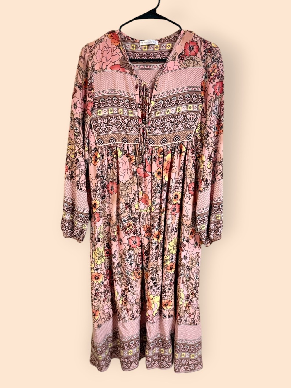 R. Vivimos Boho Floral Midi Dress Pink Long Sleeve Tassel Tie Size Small 4/6